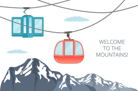 Funicular railway . Ski cable car . Vector mountain illustration