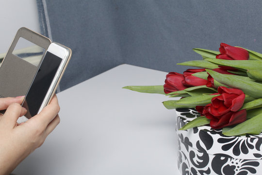 The girl shoot photo for microstocks. A bouquet of red tulips is scattered on a corpse with a pattern of white and black.