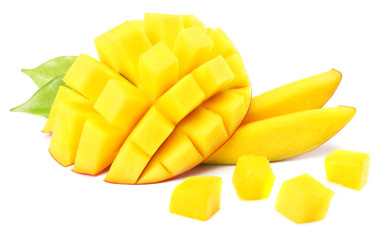 mango slice with green leaves isolated on white background