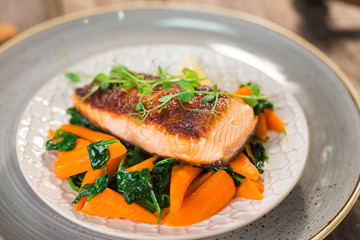 Salmon steak with carrot and spinach