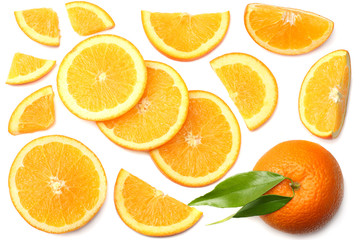 healthy food. sliced orange with green leaf isolated on white background top view