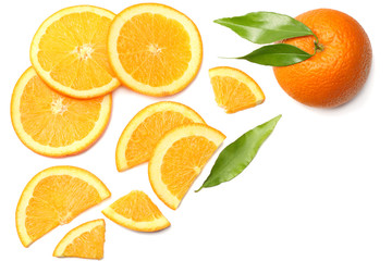 healthy food. sliced orange with green leaf isolated on white background top view