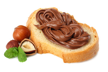 Slice of bread with chocolate cream with hazelnut isolated on white background