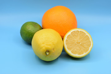 Citrus fruits on seamless blue background