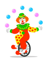 Funny circus clown juggling balls on unicycle. Vector cartoon illustration. Isolated on white