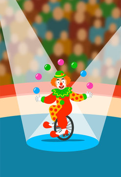 Cute clown juggling balls on unicycle. Funny juggler show performance for spectators on circus arena. Travel amusement park background. Vector cartoon illustration