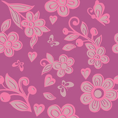 Cute pink floral seamless ornament with butterflies. Floral wallpaper. Decorative ornament for fabric, textile, wrapping paper.