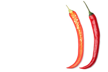 red hot chili peppers isolated on white background top view