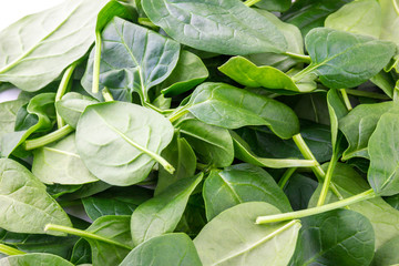 Leaves of green spinach close-up. A bunch of fresh spinach close-up.