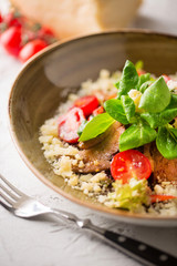 Salad with duck, tomatoes, cheese and corn