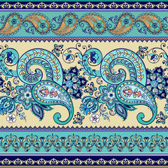 Striped seamless pattern with paisley. Floral wallpaper. Decorative ornament for fabric, textile, wrapping paper. Beautiful Indian floral paisley ornament.