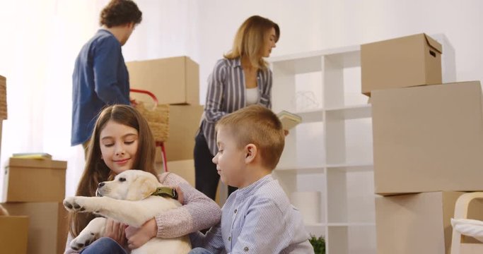 Lovely cute small brother and sister playing with a puppy in the front of the camera while their parents unpacking stuff behind. Moving in. Indoor