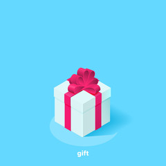 white greeting card with a pink bow on a blue background, isometric image