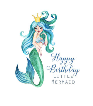 Hand-drawn watercolor beautiful mermaid character illustration. Sea template for poster, card, invitation.
