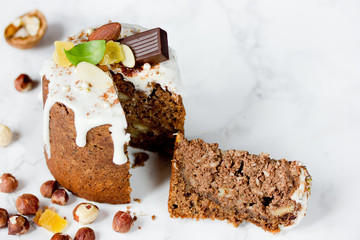 Easter bread panettone kulich paska stuffed with cottage cheese, coconut, nut and chocolate