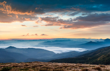 Panoramic landscape of mountains at sunrise. View on covered by forest foggy hills.Traveling concept background.