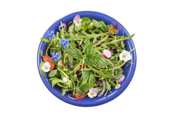 Fresh herb salad with leafy greens and nasturtium flowers served in a blue ceramic bowl on white