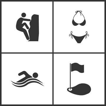 Vector Illustration of Sport Set Icons. Elements of Rock climber, Swimsuit, Summer Swim Water Information and Golf icon