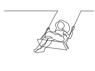 Continuous line drawing. Girl swinging on swing. Vector illustration