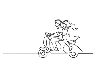 Continuous line drawing. Happy couple driving on scooter. Vector illustration