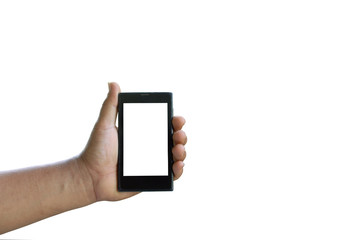 Smart phone in hand isolated on white background.
