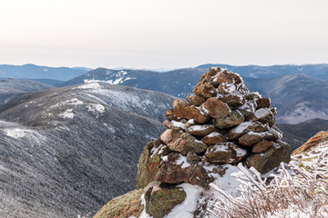A cairn marks the path high in the White Mountains of New Hampshire. 
