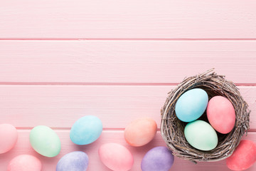 Pastel Easter eggs background. Spring greating card.
