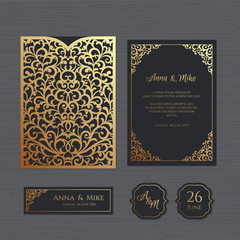 Wedding invitation or greeting card with vintage ornament. Paper lace envelope template. Wedding invitation envelope mock-up for laser cutting. Vector illustration.