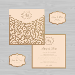 Fototapeta na wymiar Wedding invitation or greeting card with vintage ornament. Paper lace envelope template. Wedding invitation envelope mock-up for laser cutting. Vector illustration.