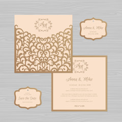 Wedding invitation or greeting card with vintage ornament. Paper lace envelope template. Wedding invitation envelope mock-up for laser cutting. Vector illustration.