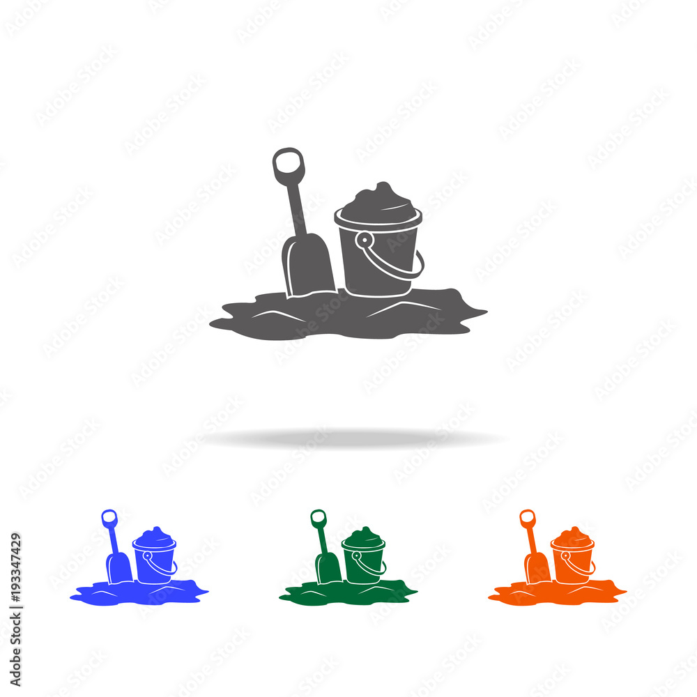 Poster icon of bucket filled with sand and scoop. element of beach holidays multi colored icons for mobile 