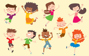 Happy vector children kids jumping poses cute young boys and girls collection. Jumping cheerful child group and funny cartoon kids joyful team. Laughing little people joy jumping fly characters