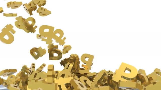 many ruble signs fall on white background, 3d animation
