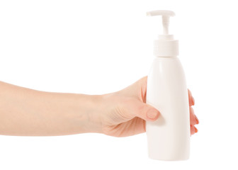 White soap bottle with dispenser in hand
