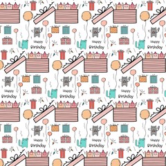 Pattern Background Happy Birthday concept With Cute Cat In The Big Gift Box.