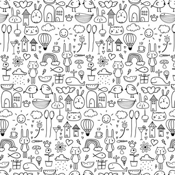 Pattern With Line Hand Drawn Doodle Lovely Background For Kid. Doodle Funny. Handmade Vector Illustration.