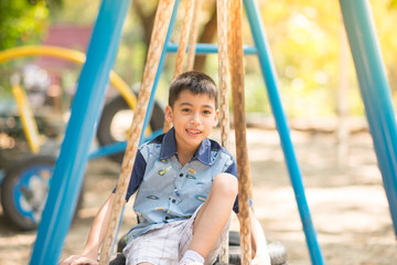 Little boy playing tire swing in the park playground