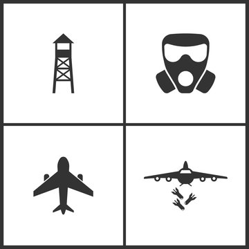 Vector Illustration of Weapon Set Icons. Suitable for use on web apps, mobile apps and print media. Elements of Observation post, Respirator, Airplane and Bombardment icon