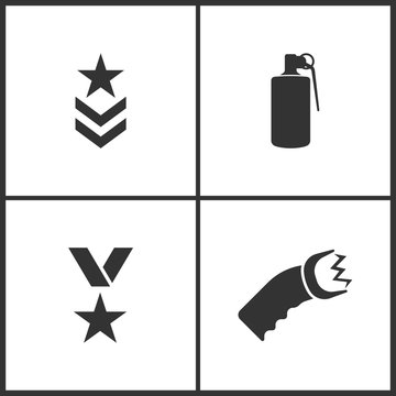 Vector Illustration of Weapon Set Icons. Suitable for use on web apps, mobile apps and print media. Elements of Military symbol, Hand grenade explosive, War medal and Shocker icon