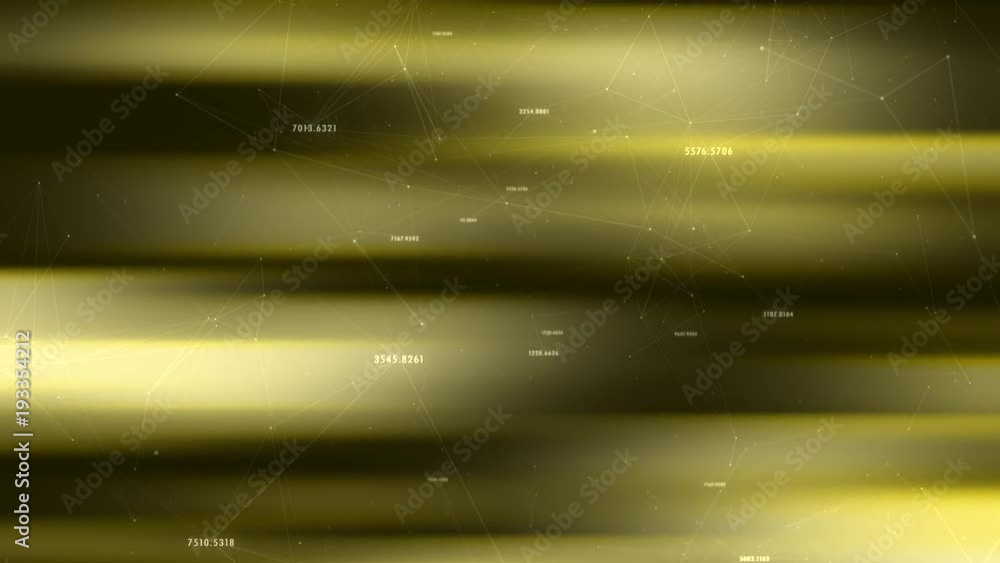 Poster artistic random numbers, lines and dots movement on black background with shiny gold colored abstrac