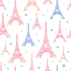 Vector Pink Blue Eifel Tower Paris and Flowers Seamless Repeat Pattern Surrounded By Stars. Perfect for travel themed postcards, greeting cards, invitations, packaging. - 193354238