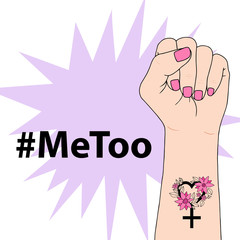 Obraz premium Hashtag MeToo vector illustration with fist of a feminist. Violence against women and sexual harassment. Social movement concerning sexual assault