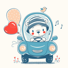 Naklejka premium Słodki miś baby jazdy samochodem kreskówka ręcznie rysowane ilustracji wektorowych. Może być stosowany do nadruku na koszulce dla dzieci, projektowania modowego nadruku, odzieży dziecięcej, powitania z okazji urodzin baby shower i karty z zaproszeniem.