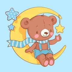 Fototapete Niedliche Tiere Netter Babybär, der auf der gezeichneten Vektorillustration der Mondkarikatur Hand sitzt. Kann für Baby-T-Shirt-Druck, Modedruckdesign, Kinderkleidung, Babyparty-Feiergruß und Einladungskarte verwendet werden.