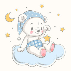 Fototapeta premium Cute dreaming baby bear cartoon hand drawn vector illustration. Może być stosowany do nadruku na koszulce dla dzieci, projektowania modowego nadruku, odzieży dziecięcej, powitania z okazji urodzin baby shower i karty z zaproszeniem.