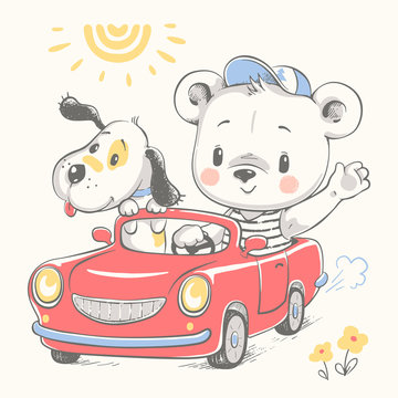 Cute baby bear driving car and a dog cartoon hand drawn vector illustration. Can be used for baby t-shirt print, fashion print design, kids wear, baby shower celebration greeting and invitation card.