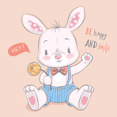 Cute little bunny with a flower cartoon hand drawn vector illustration. Can be used for baby t-shirt print, fashion print design, kids wear, baby shower celebration, greeting and invitation card.