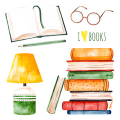 I love books watercolor set.Illustration with a huge pile of books,lamp,open book,pencil and glasses. Perfect for your own design,invitations,quotes,print,wallpapers,scrapbook etc