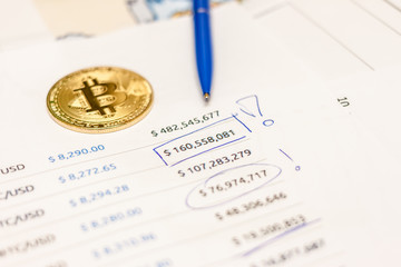 bitcoin ethereum litecoin coin pen and chart