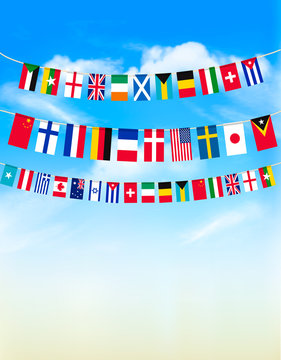 World Bunting Flags On Blue Sky. Vector Illustration